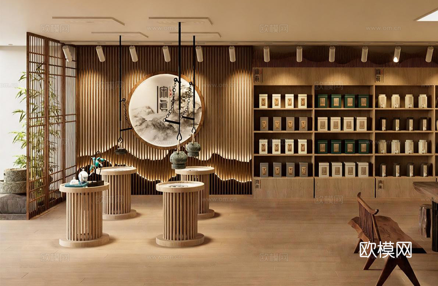 新中式茶馆 茶楼 茶桌椅组合 背景墙su模型su模型