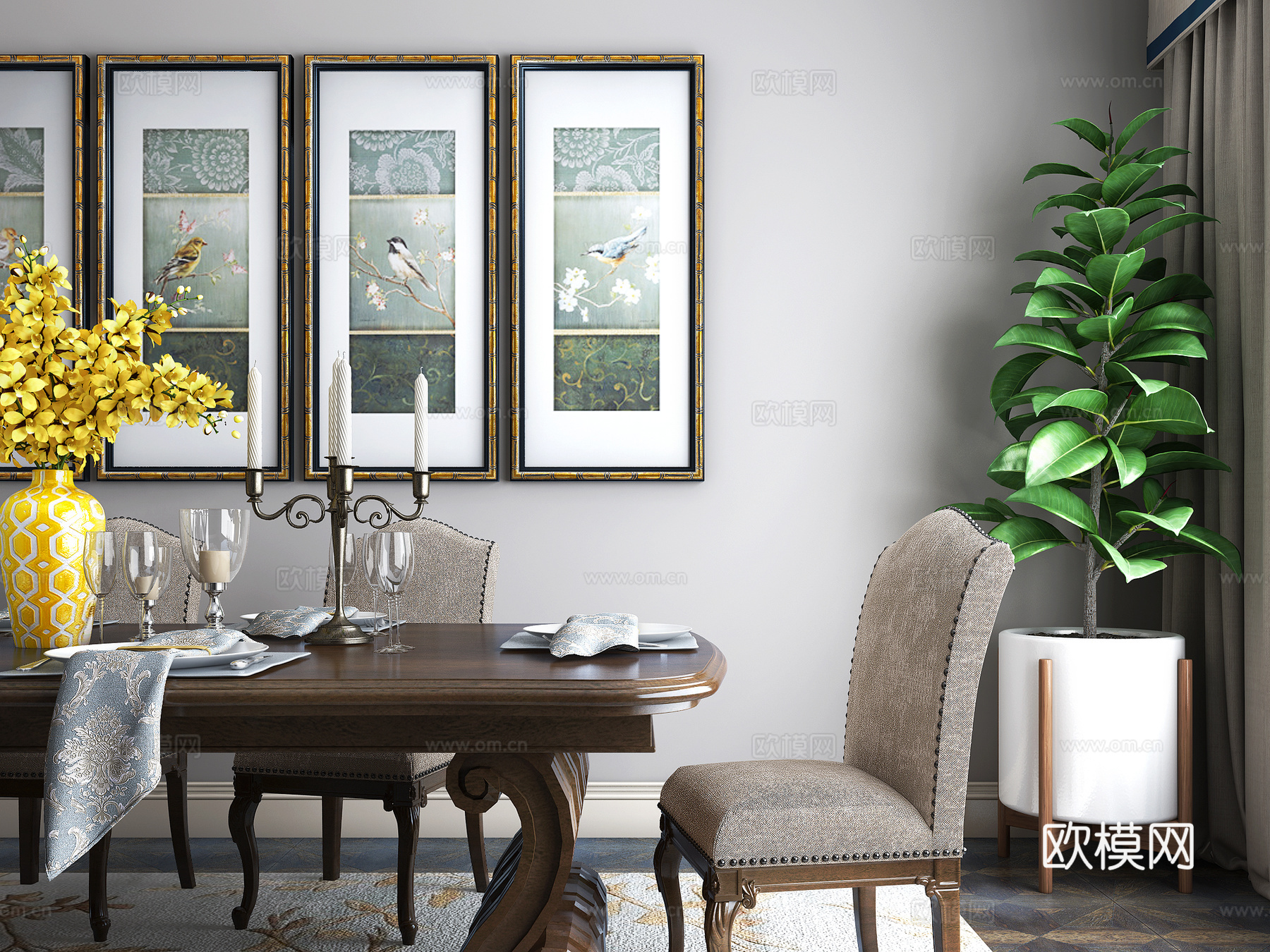 美式餐厅餐桌椅3d模型下载（渲染图2）