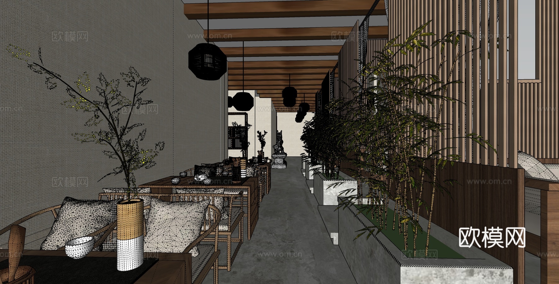 新中式中式茶馆 茶馆雅座 茶桌椅组合su模型