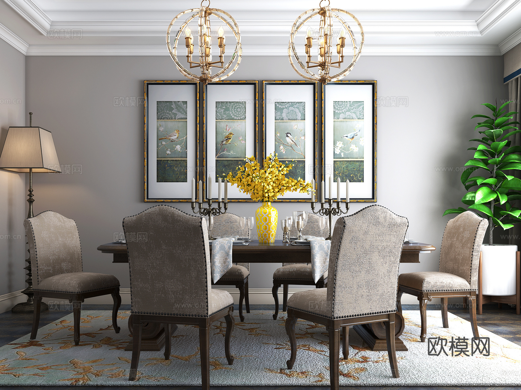 美式餐厅餐桌椅3d模型下载（渲染图1）