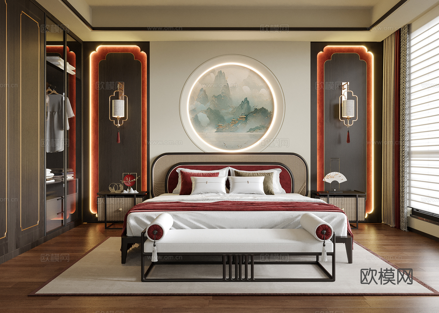 新中式卧室 双人床 床尾凳su模型