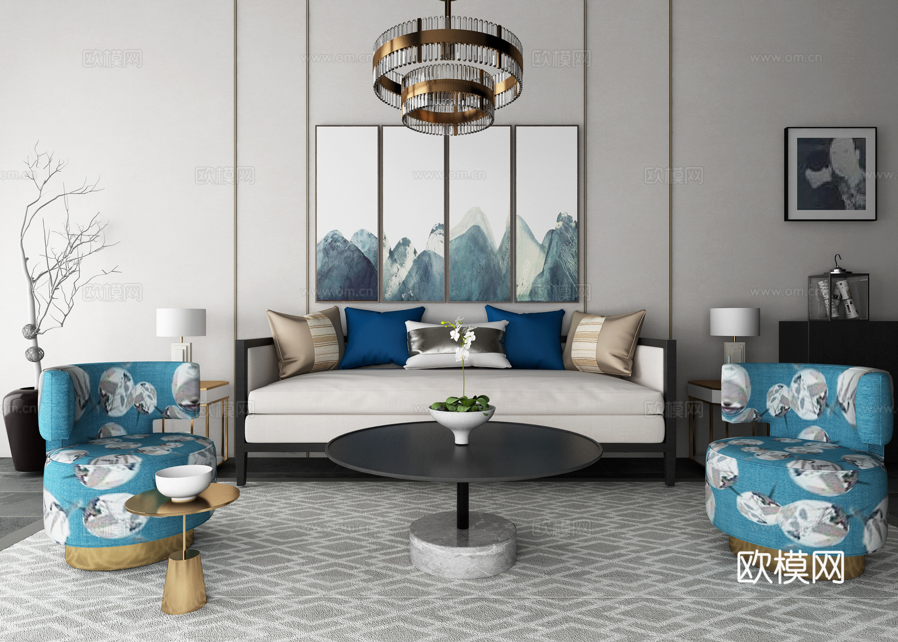 新中式沙发茶几吊灯装饰画组合3d模型下载（渲染图2）