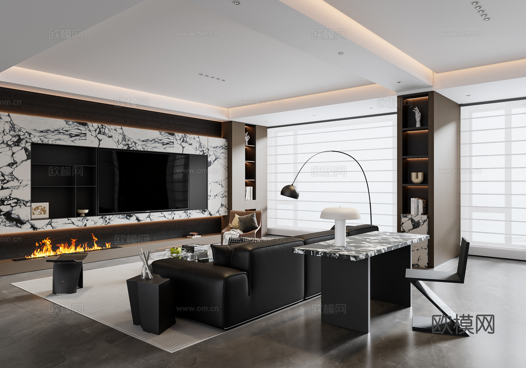 现代意式客厅 沙发茶几 电视背景墙 书桌椅 地毯su模型