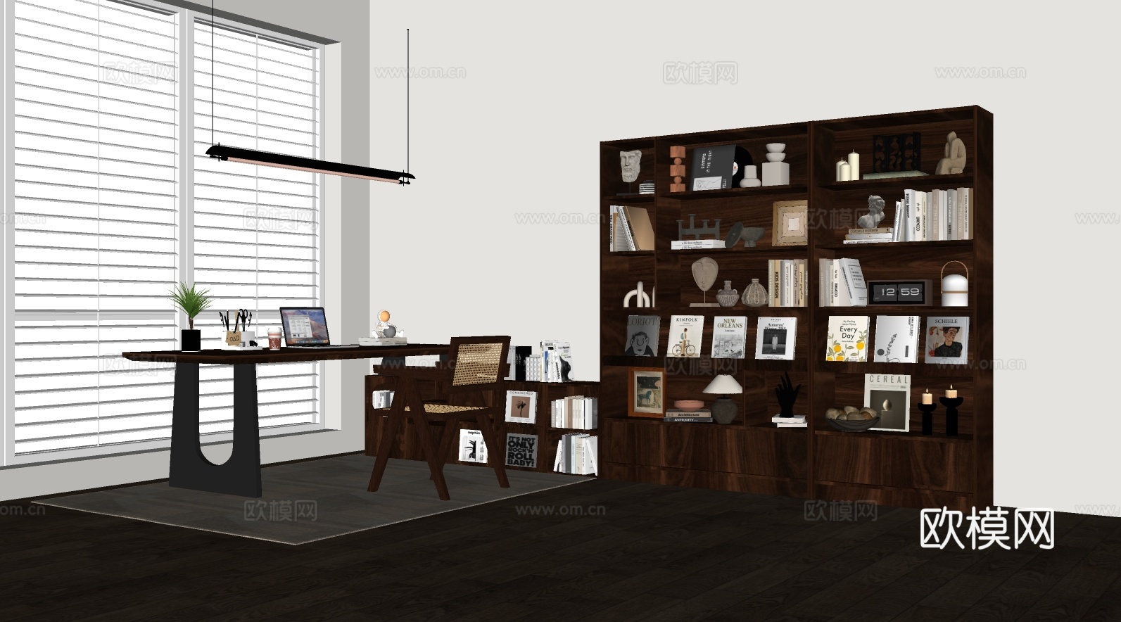 现代简约书房 书桌椅  办公桌椅 摆件组合 书柜su模型