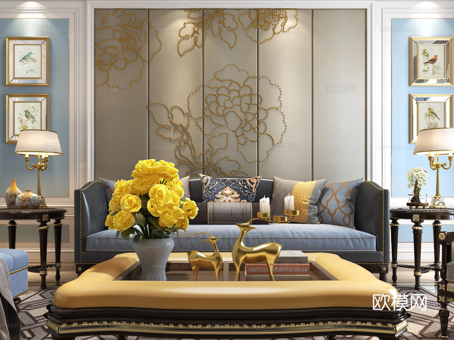 古典美式客厅 沙发茶几 吊灯3d模型下载（渲染图2）