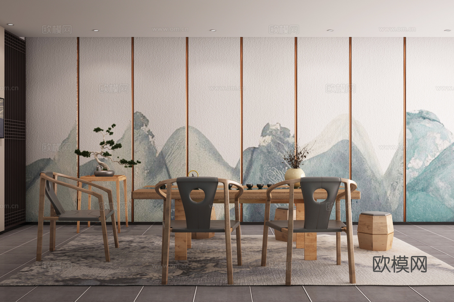 新中式茶室 座椅 鼓凳 茶具 干枝饰品 地毯 背景墙 盆3d模型