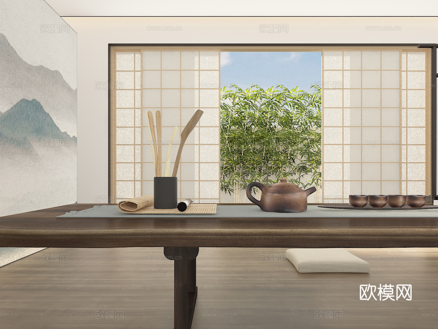 新中式茶室 茶席 茶几 茶桌 衣架3d模型