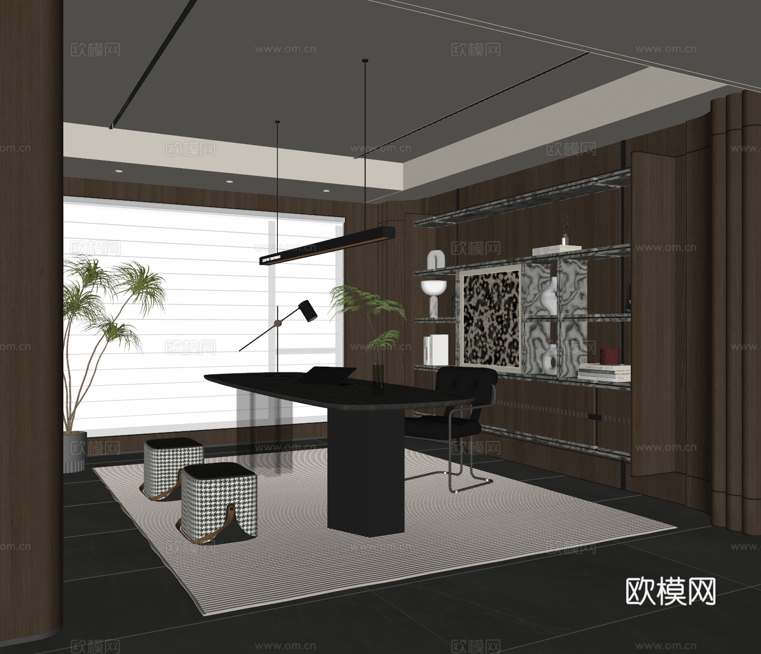 现代意式书房 书桌椅 吊灯 书柜 装饰柜 饰品摆件su模型