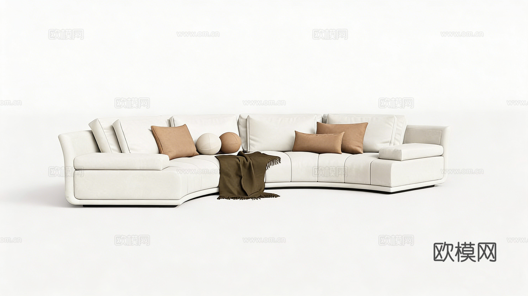 现代简约 白色弧形布艺沙发 奶油风 弧形沙发 棕色抱枕 深绿su模型