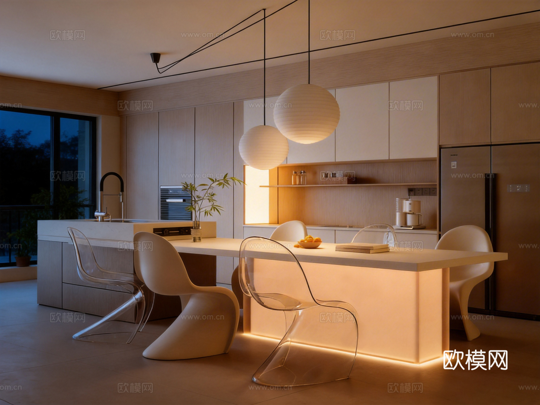 开放式餐厅 餐桌 餐边柜su模型