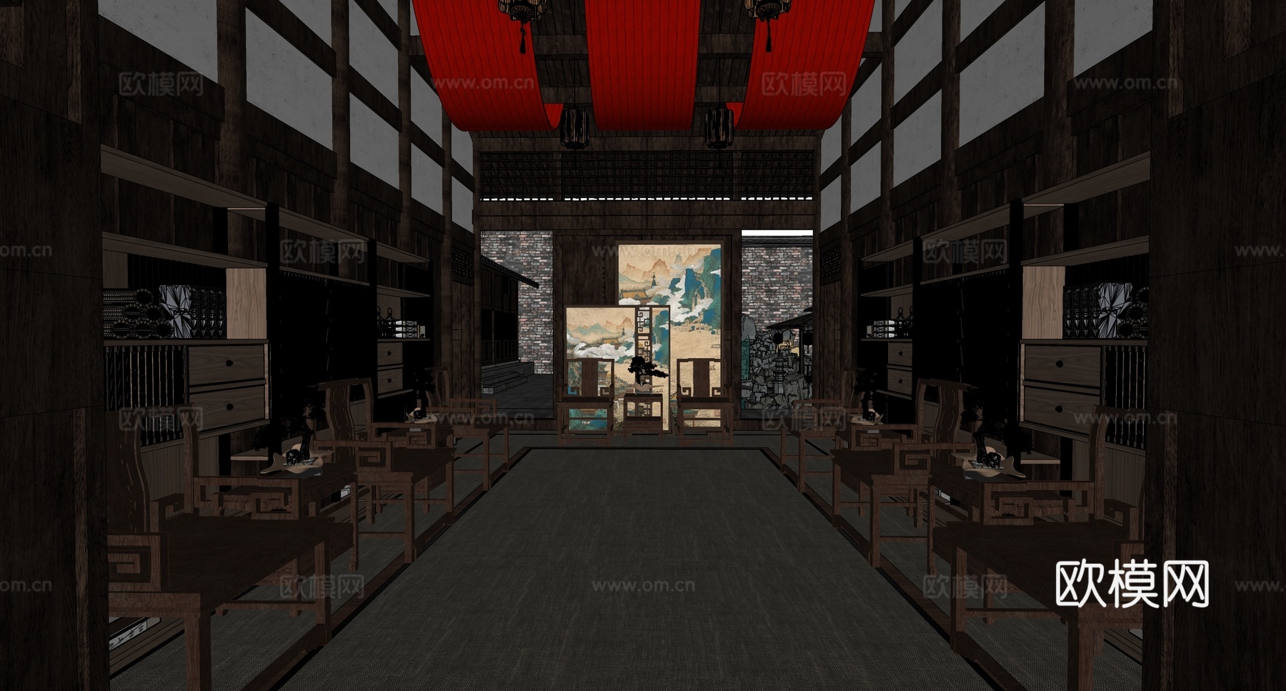 新中式中式茶馆 茶馆雅座 茶桌椅组合su模型