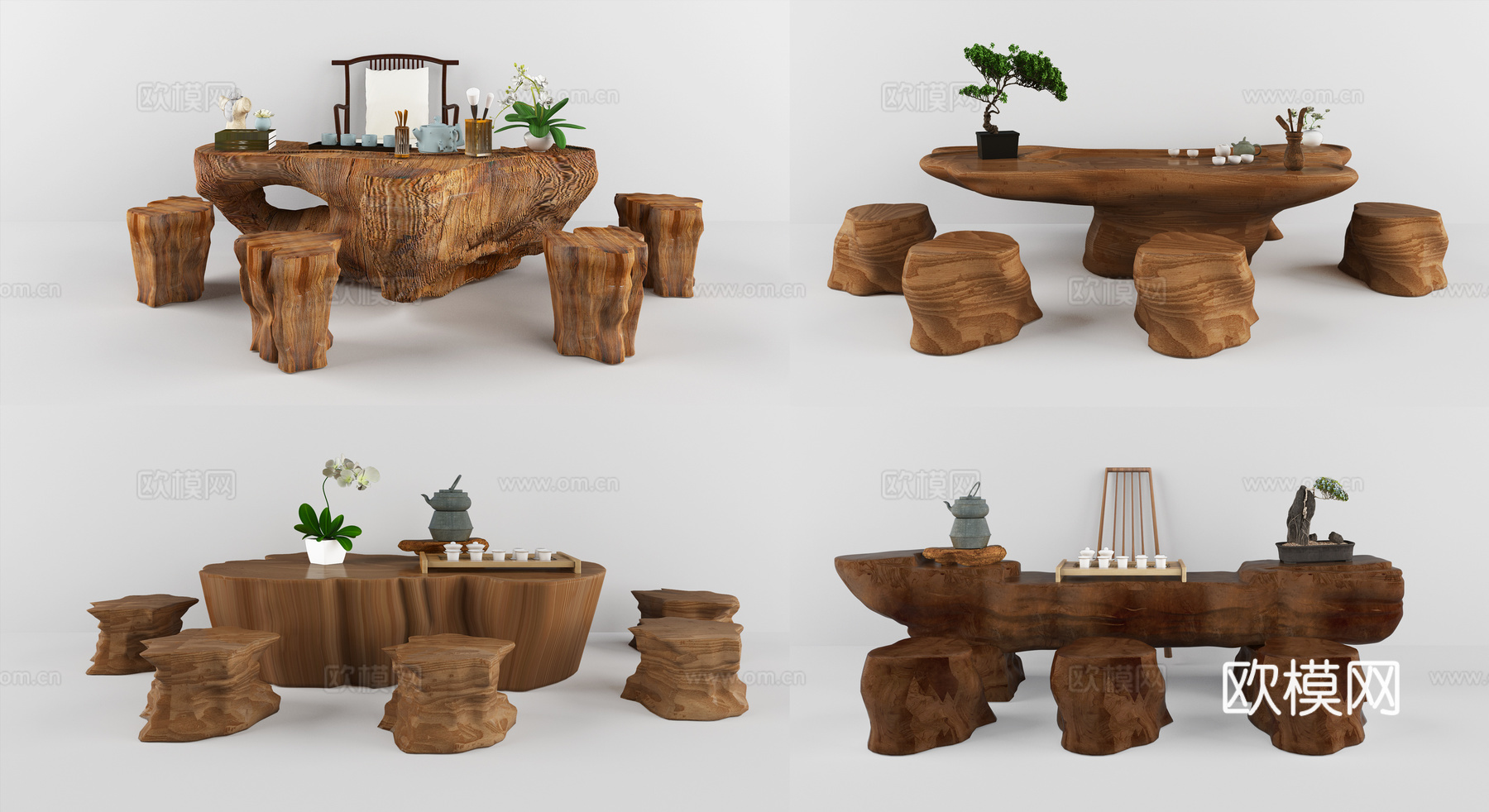 中式根雕茶台茶桌组合3d模型下载