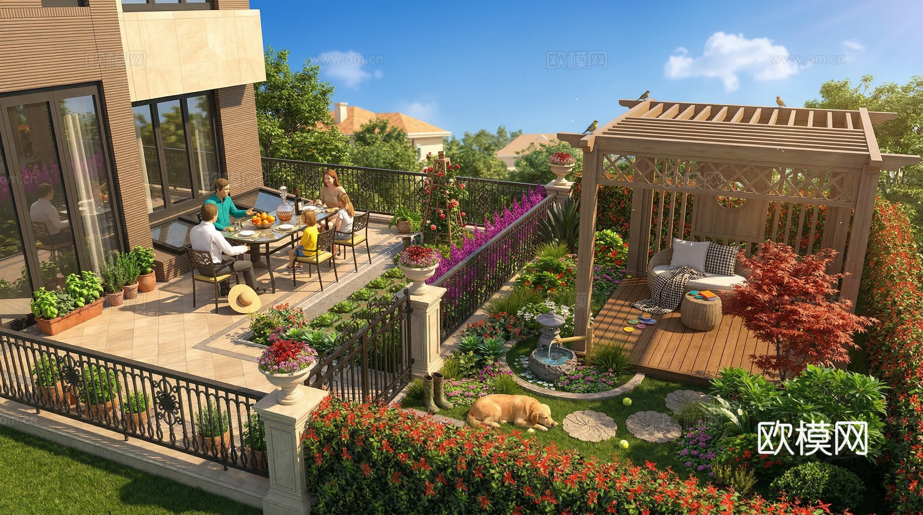 欧式庭院花园 廊架亭子 户外沙发桌椅 植物花卉 景观小品 菜su模型