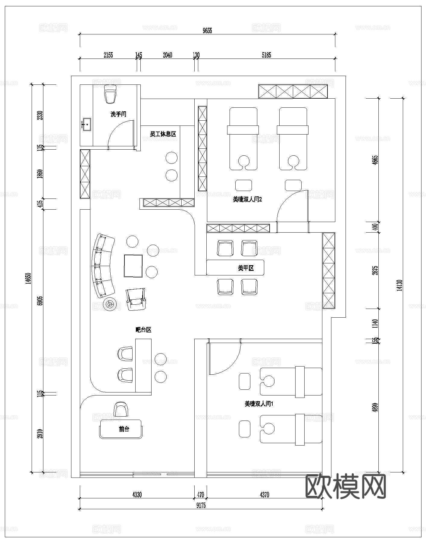 高档美甲美瞳 美容店  最新平面施工图设计cad施工图