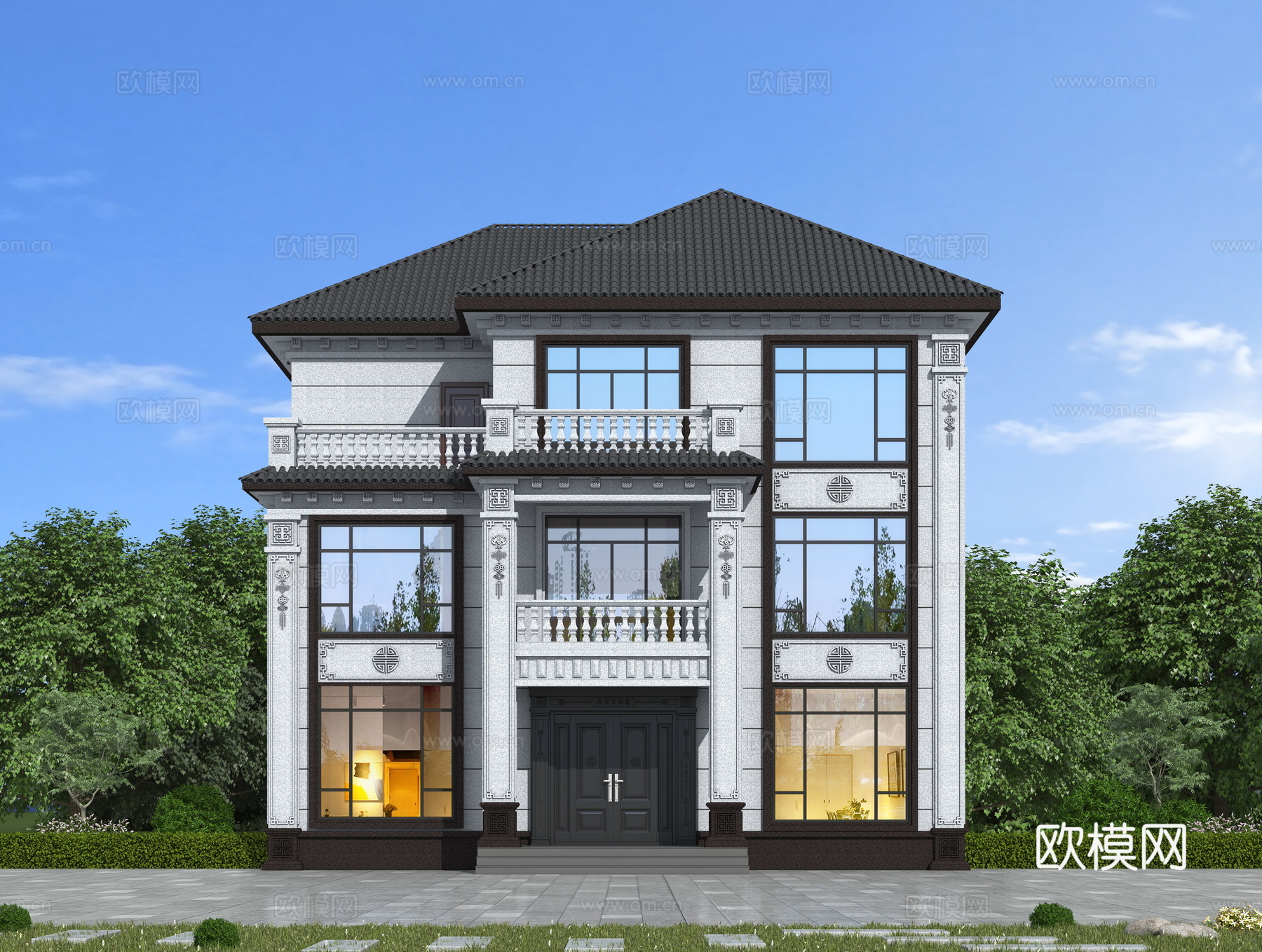 新中式独栋别墅 自建房别墅su模型