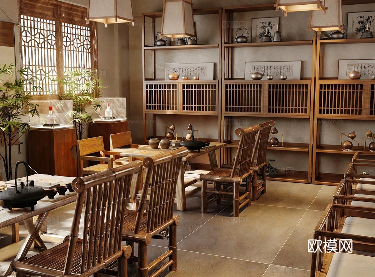 新中式中式茶馆 茶馆雅座 茶桌椅组合su模型