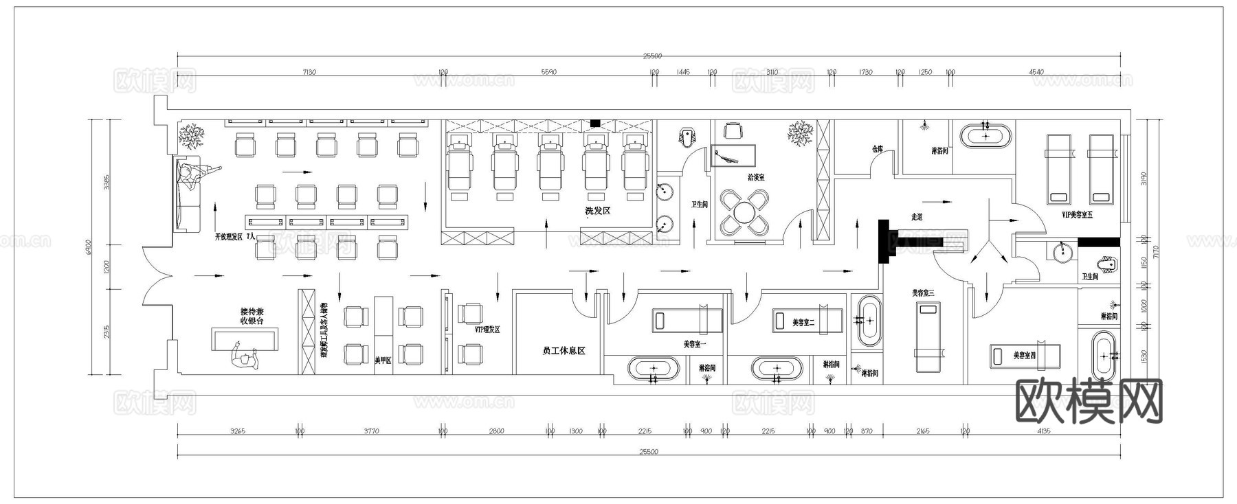 高档美容美发  最新平面施工图设计cad施工图