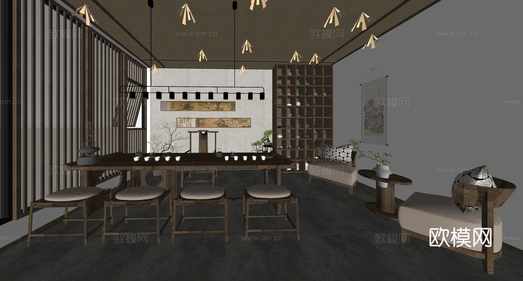 新中式茶室 茶馆 茶桌椅 茶台su模型