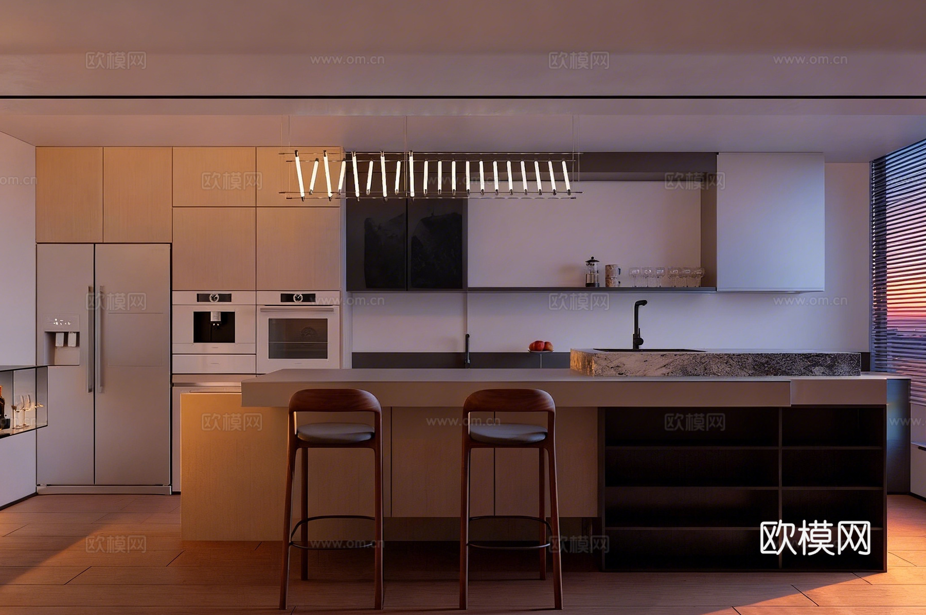 开放式厨房 餐厅 吧台 厨柜su模型