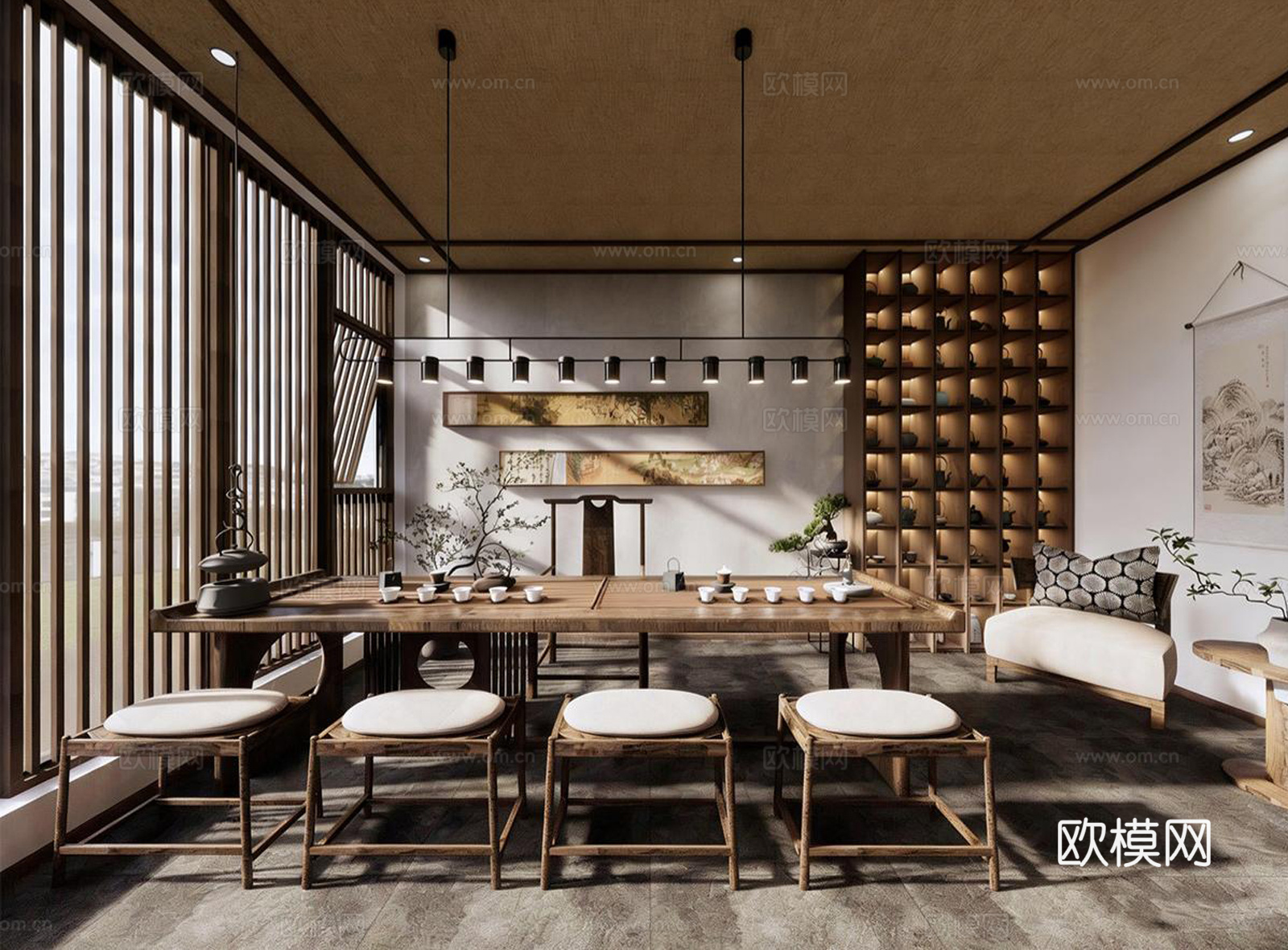 新中式茶室 茶馆 茶桌椅 茶台su模型