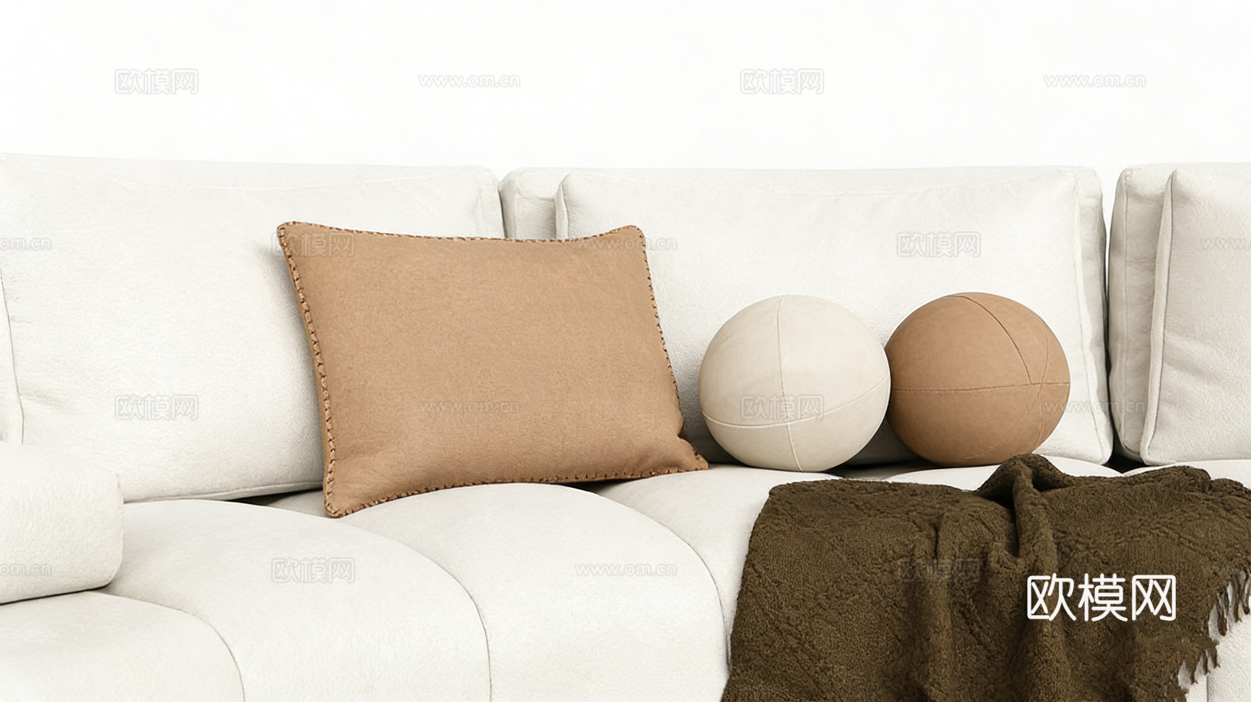 现代简约 白色弧形布艺沙发 奶油风 弧形沙发 棕色抱枕 深绿su模型
