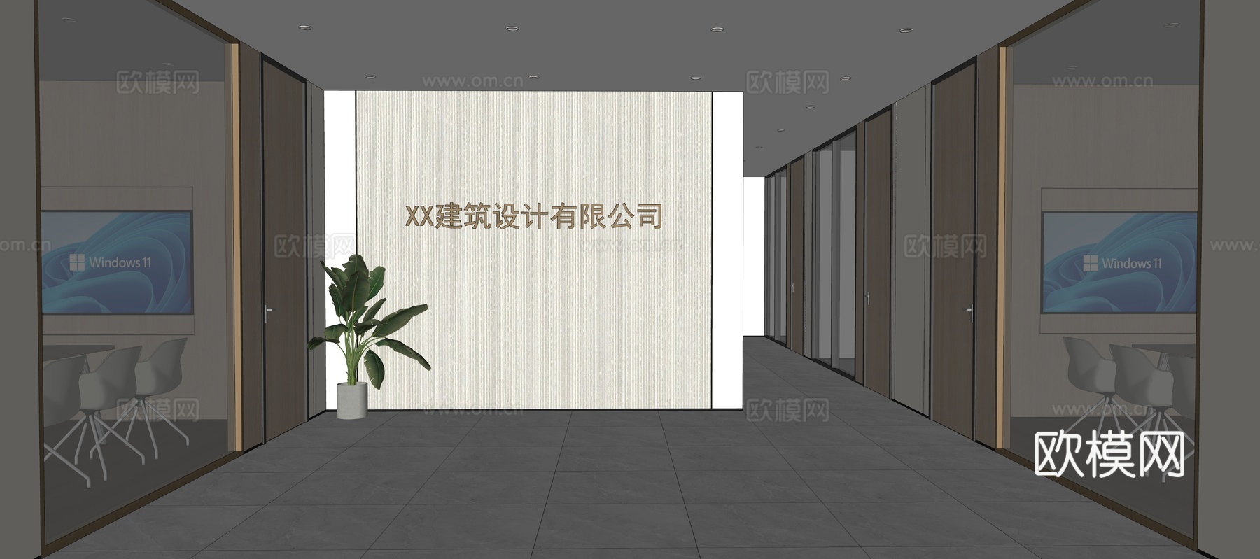 现代办公前厅 背景墙su模型