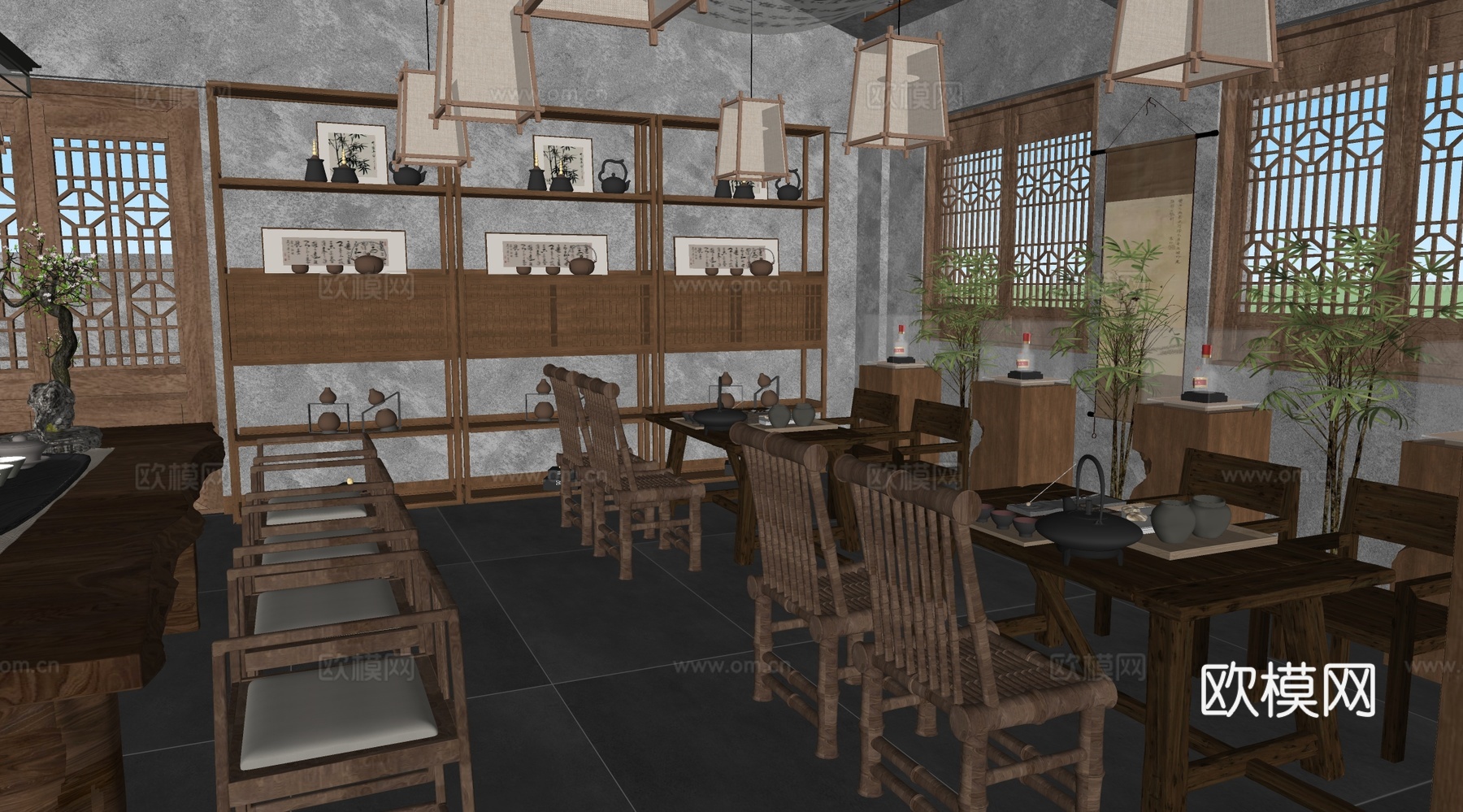 新中式中式茶馆 茶馆雅座 茶桌椅组合su模型