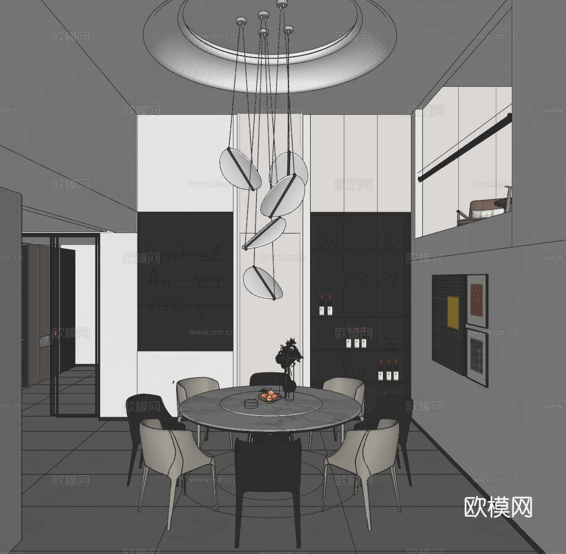 现代别墅圆桌餐厅su模型