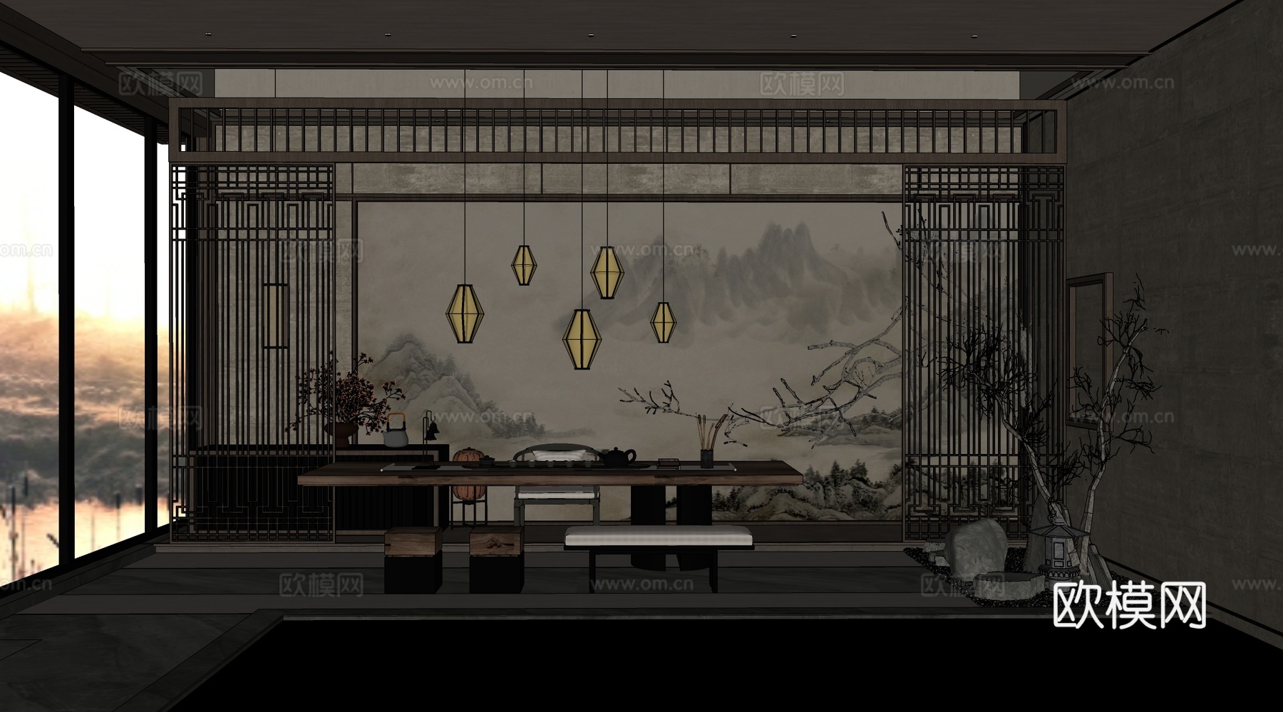 新中式禅意茶室 茶馆 茶台组合su模型