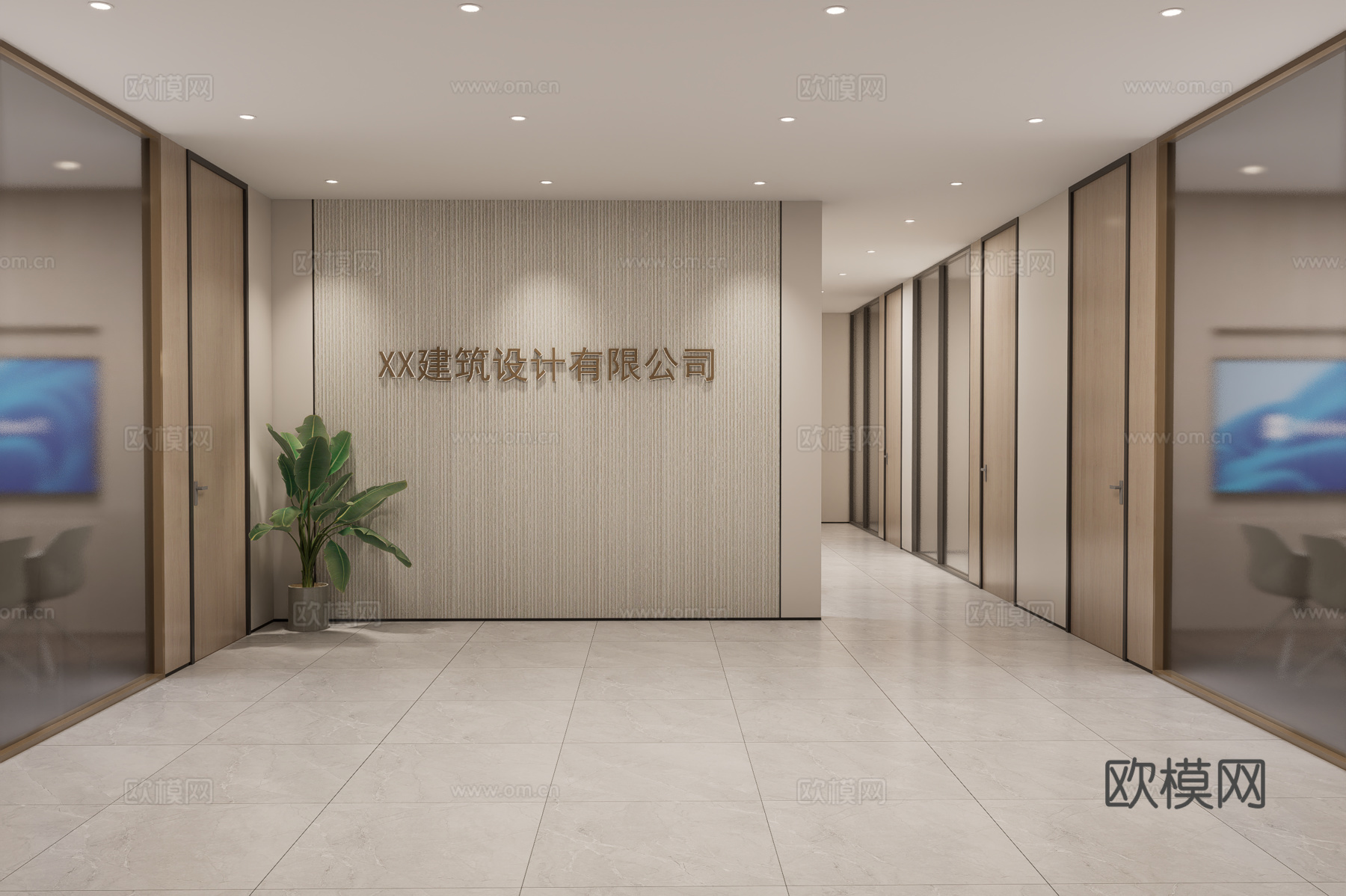 现代办公前厅 背景墙su模型