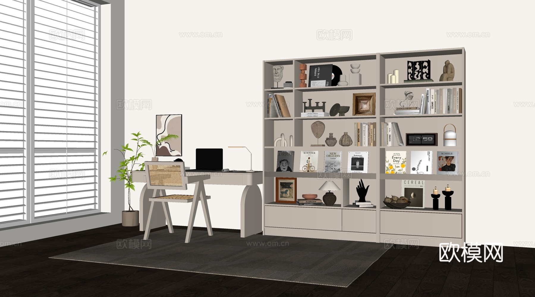 奶油风书房 书桌椅  办公桌椅 摆件组合 书柜su模型