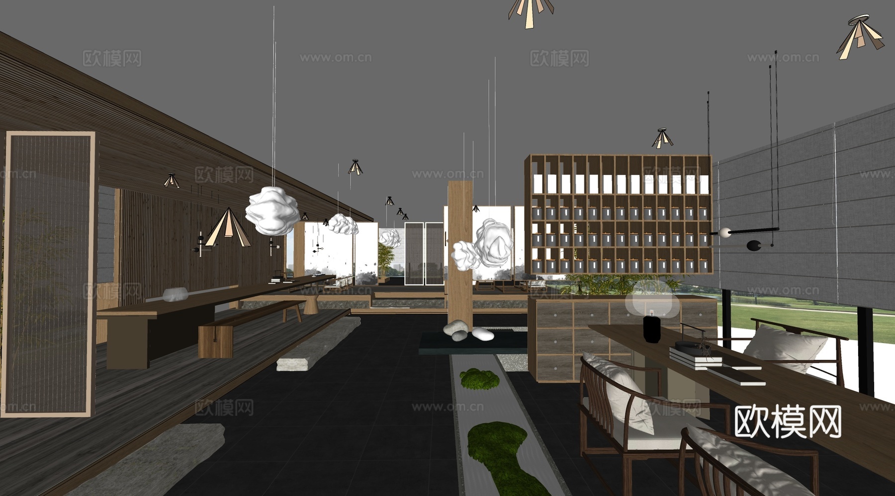 新中式中式茶馆 茶馆雅座 茶桌椅组合 茶室su模型