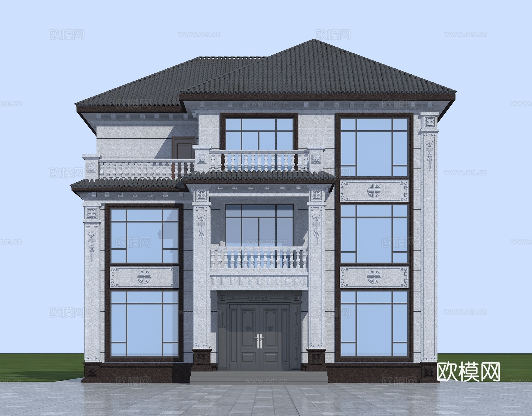 新中式独栋别墅 自建房别墅su模型