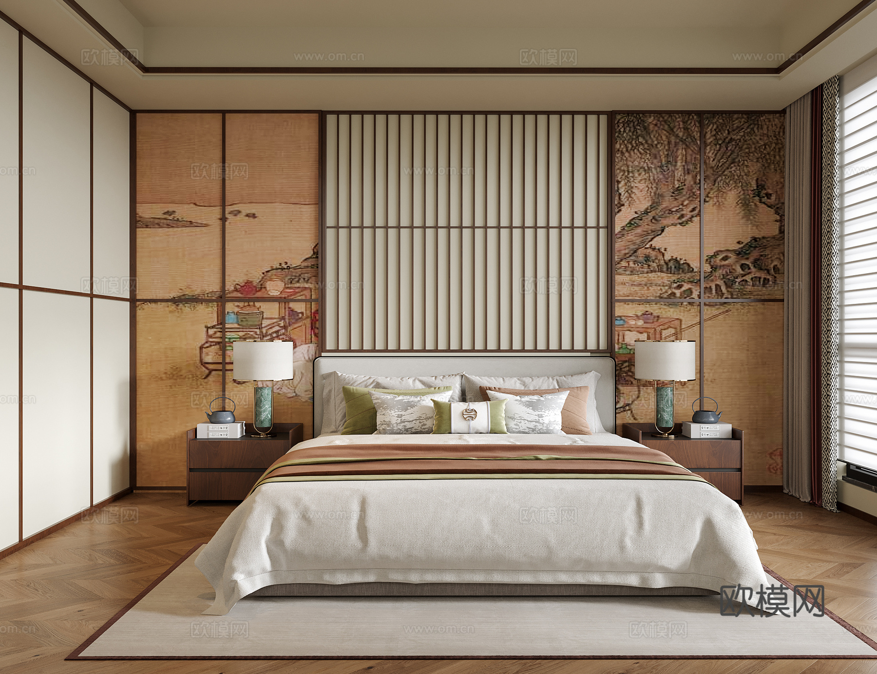 新中式卧室 双人床 床头柜su模型