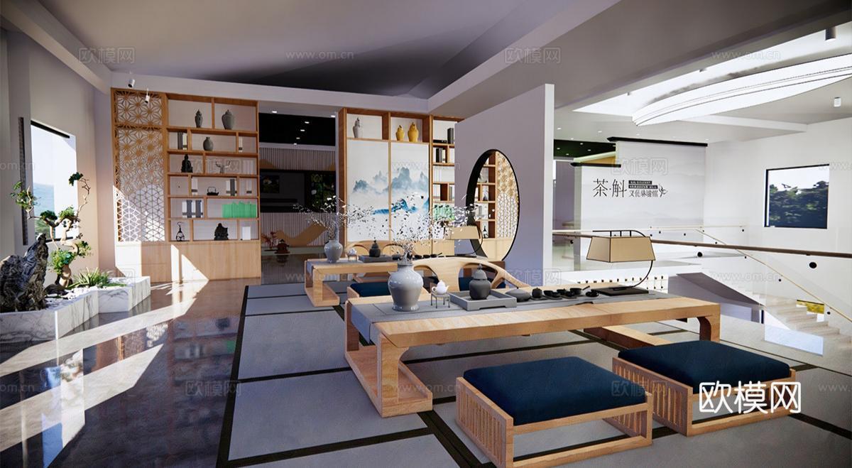 新中式茶馆 茶叶展厅 茶室 茶桌椅组合su模型