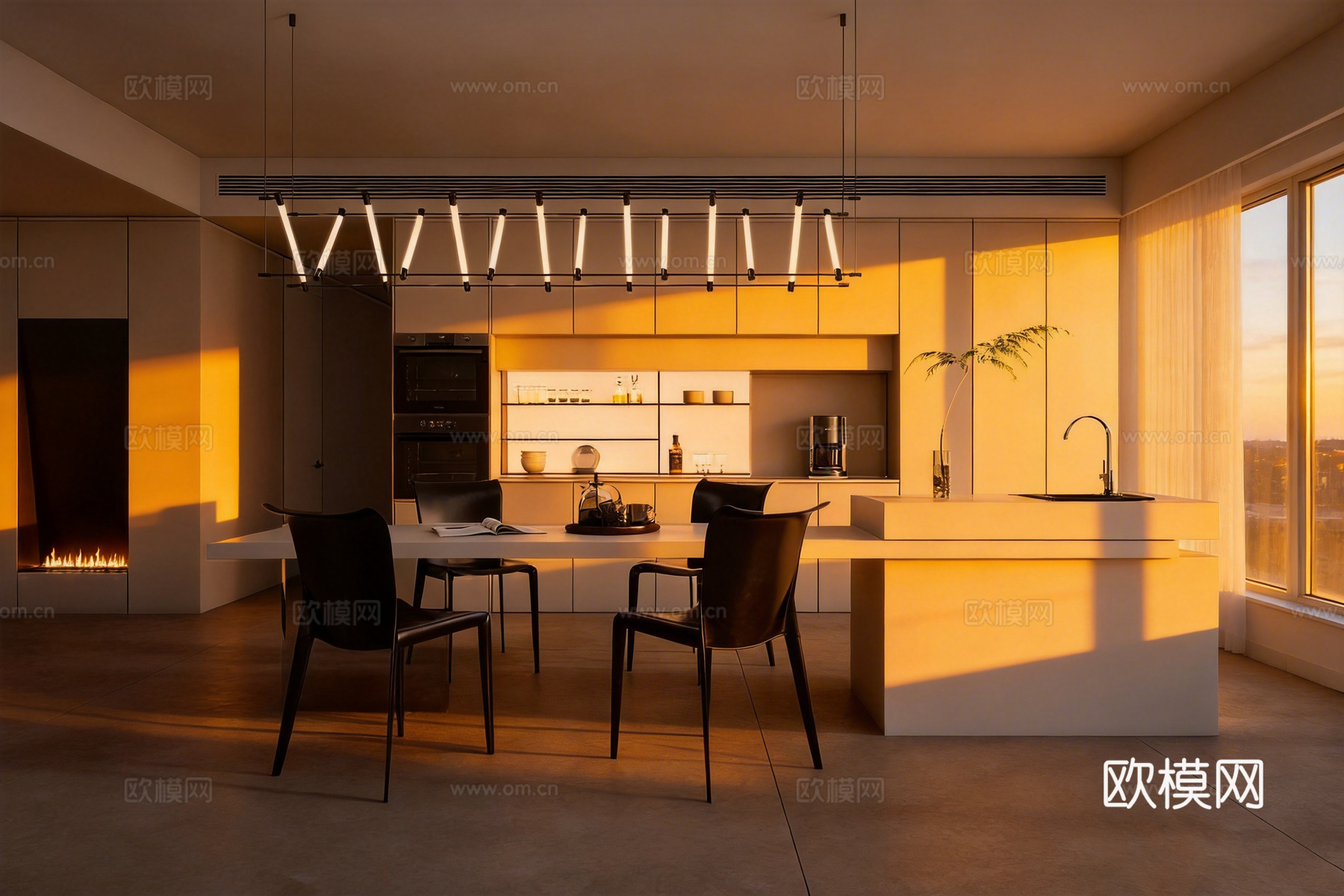 开放式餐厅 吧台 餐边柜 餐桌椅组合su模型