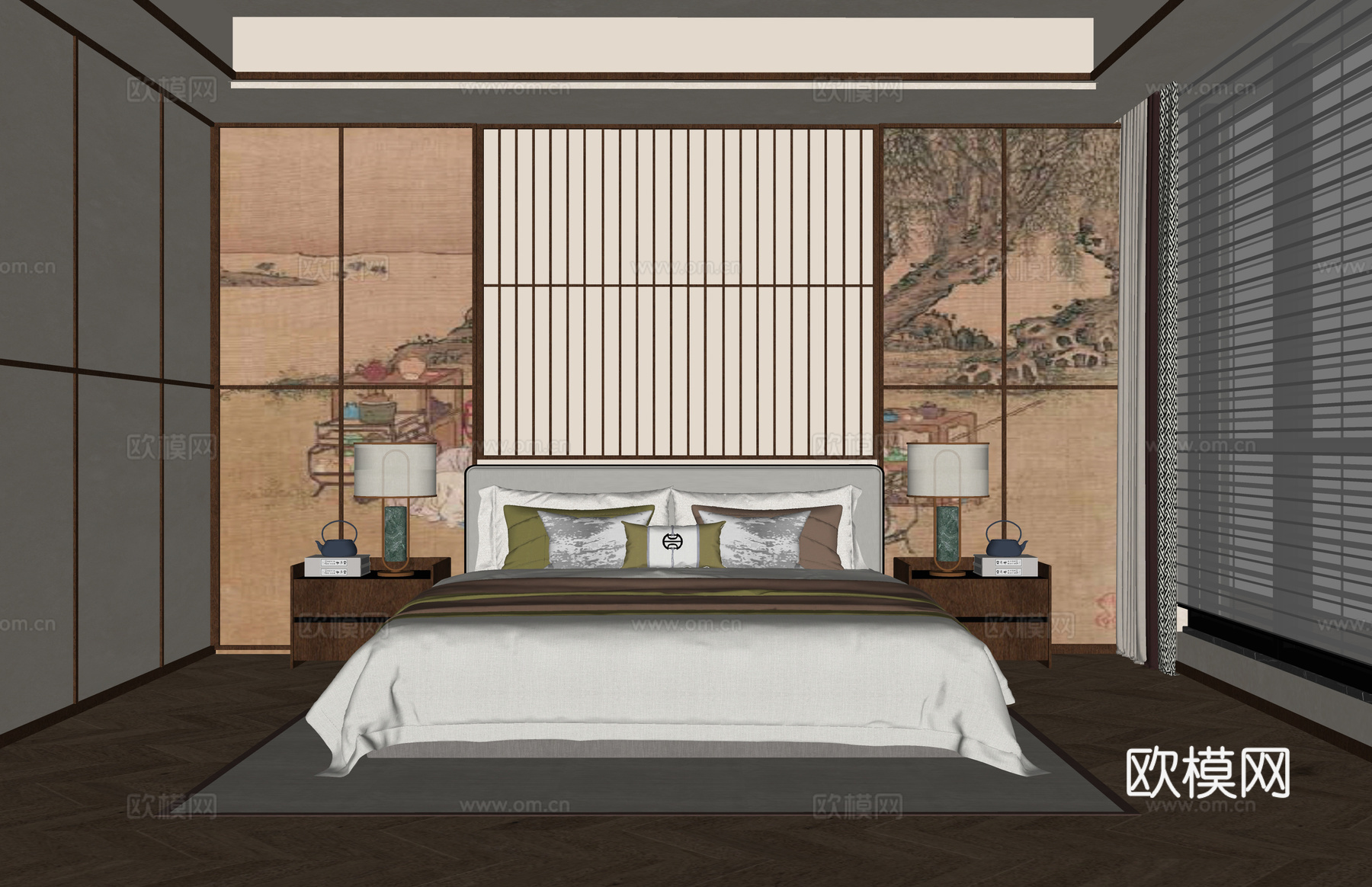 新中式卧室 双人床 床头柜su模型