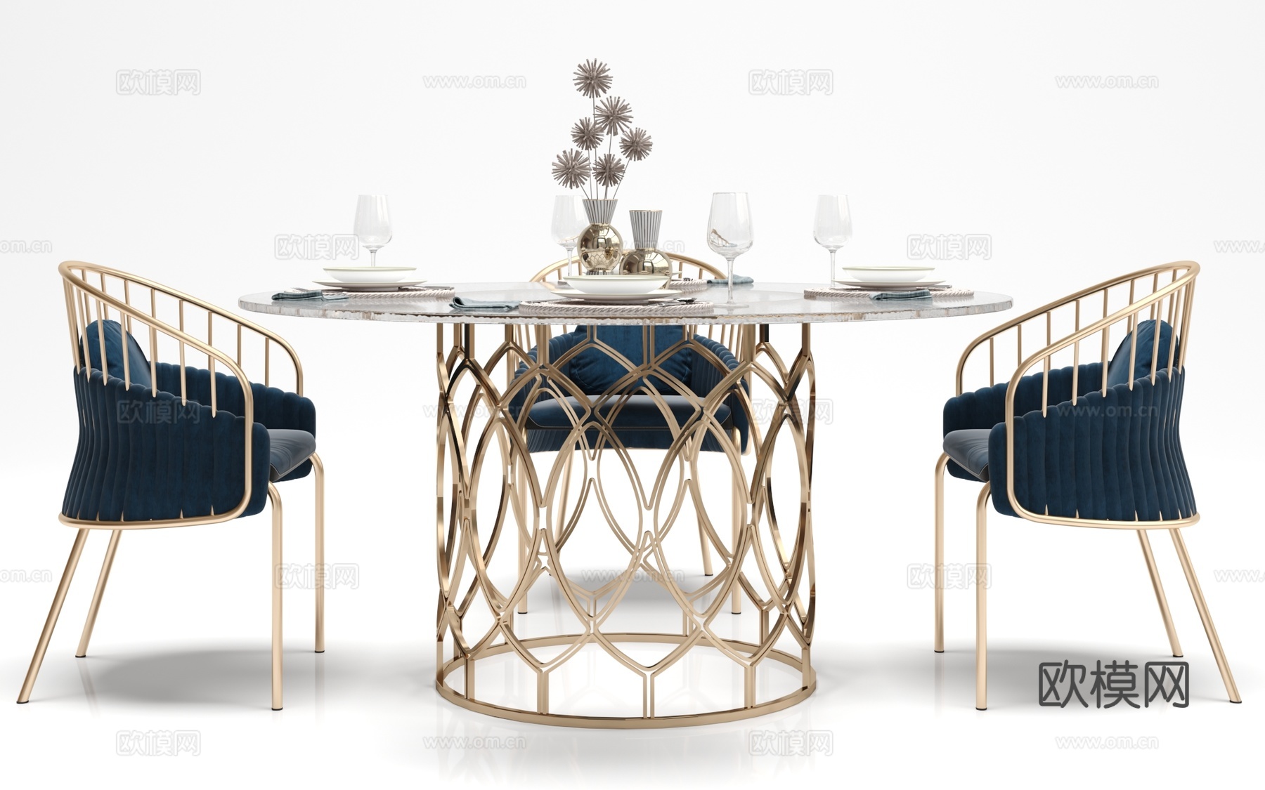 新中式圆形餐桌 椅子 摆件组合3d模型下载