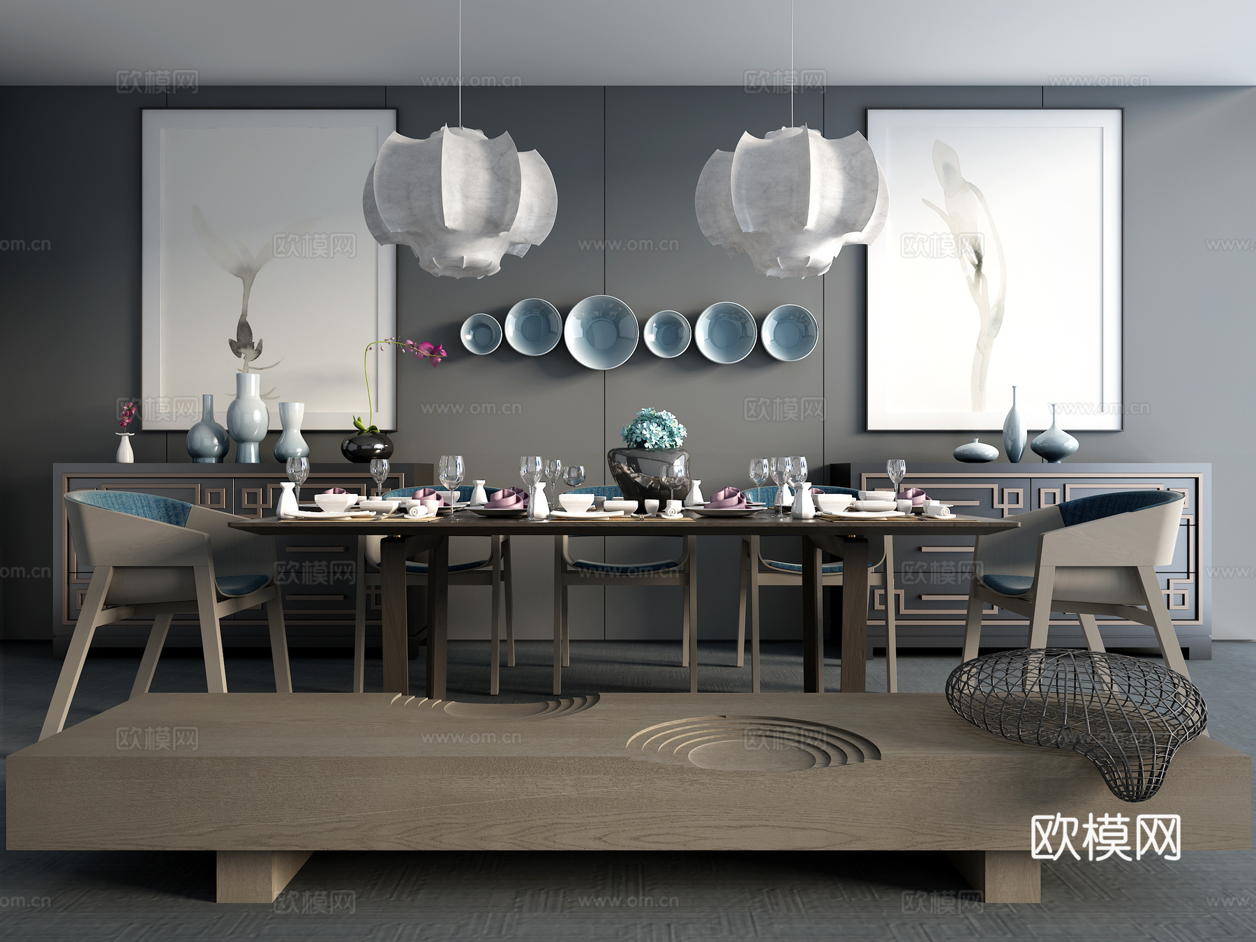 现代中式吊灯 餐桌 椅子 柜子组合 装饰品 装饰画 吊灯3d模型下载（渲染图1）