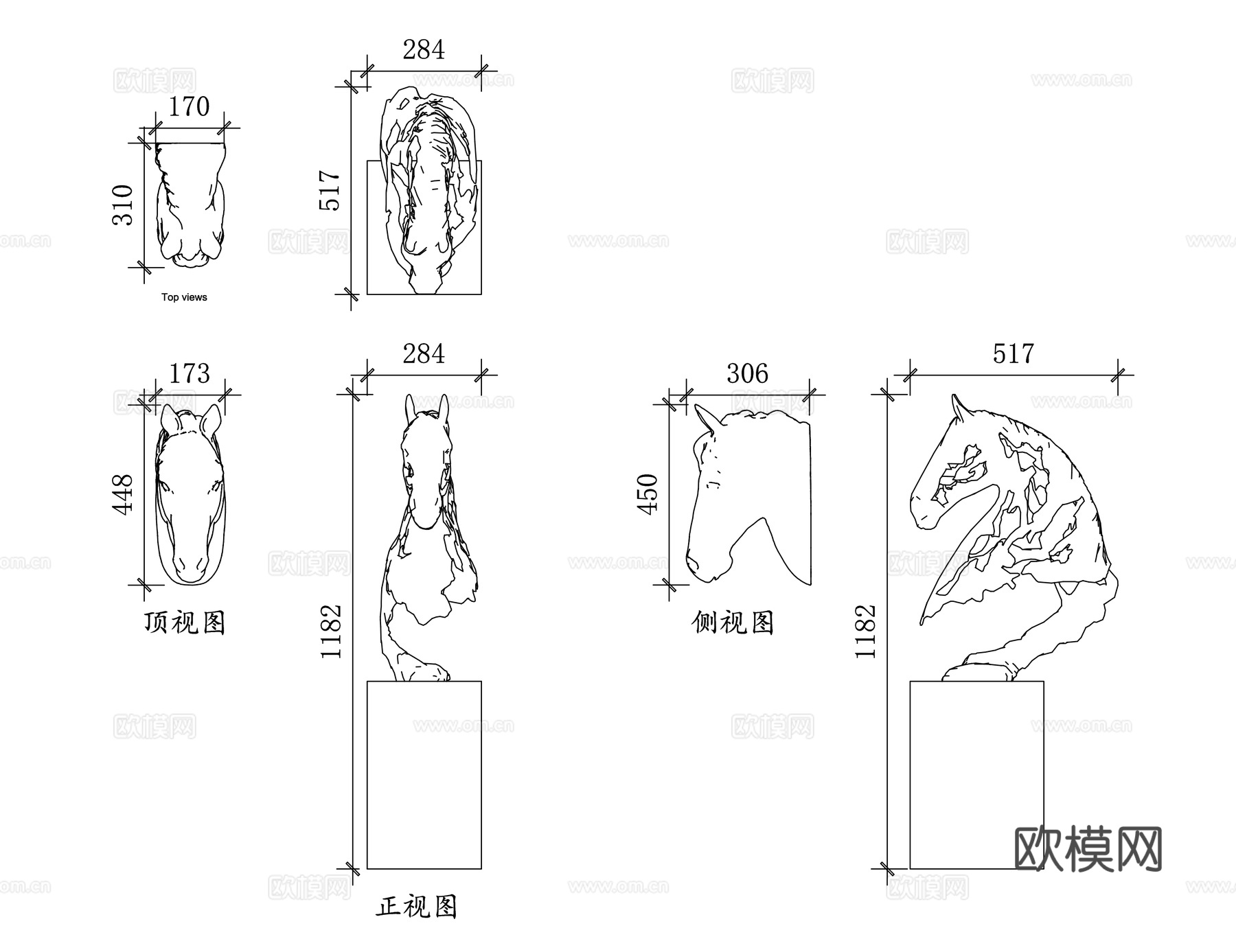 骏马雕塑 马头摆件 奔马雕像 生肖马雕塑 铜马雕塑cad施工图