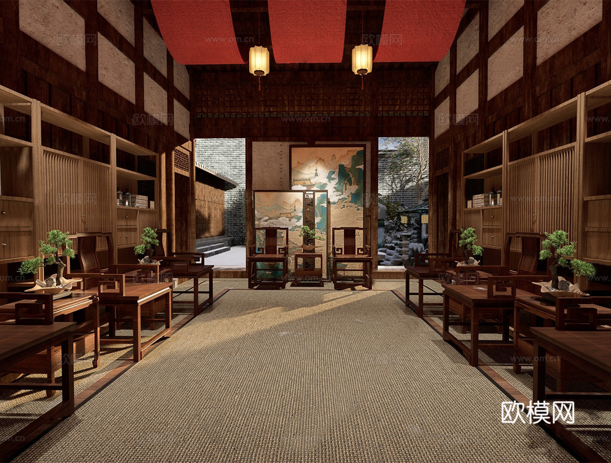 新中式中式茶馆 茶馆雅座 茶桌椅组合su模型