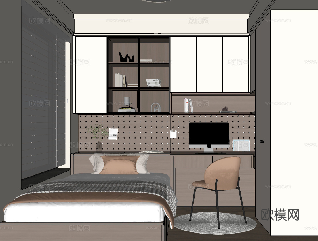 现代榻榻米卧室 儿童房榻榻米 书桌衣柜榻榻米su模型