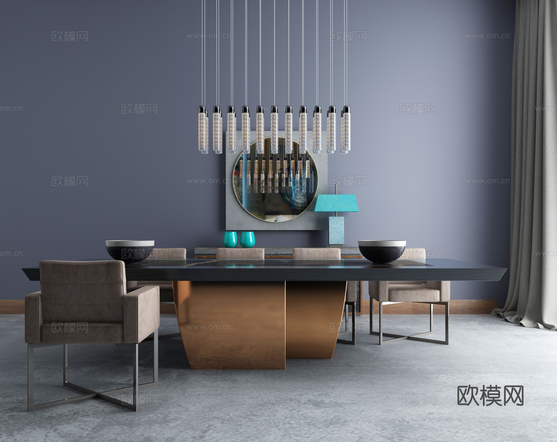 新中式沙发茶几组合 吊灯 装饰画3d模型下载（渲染图1）