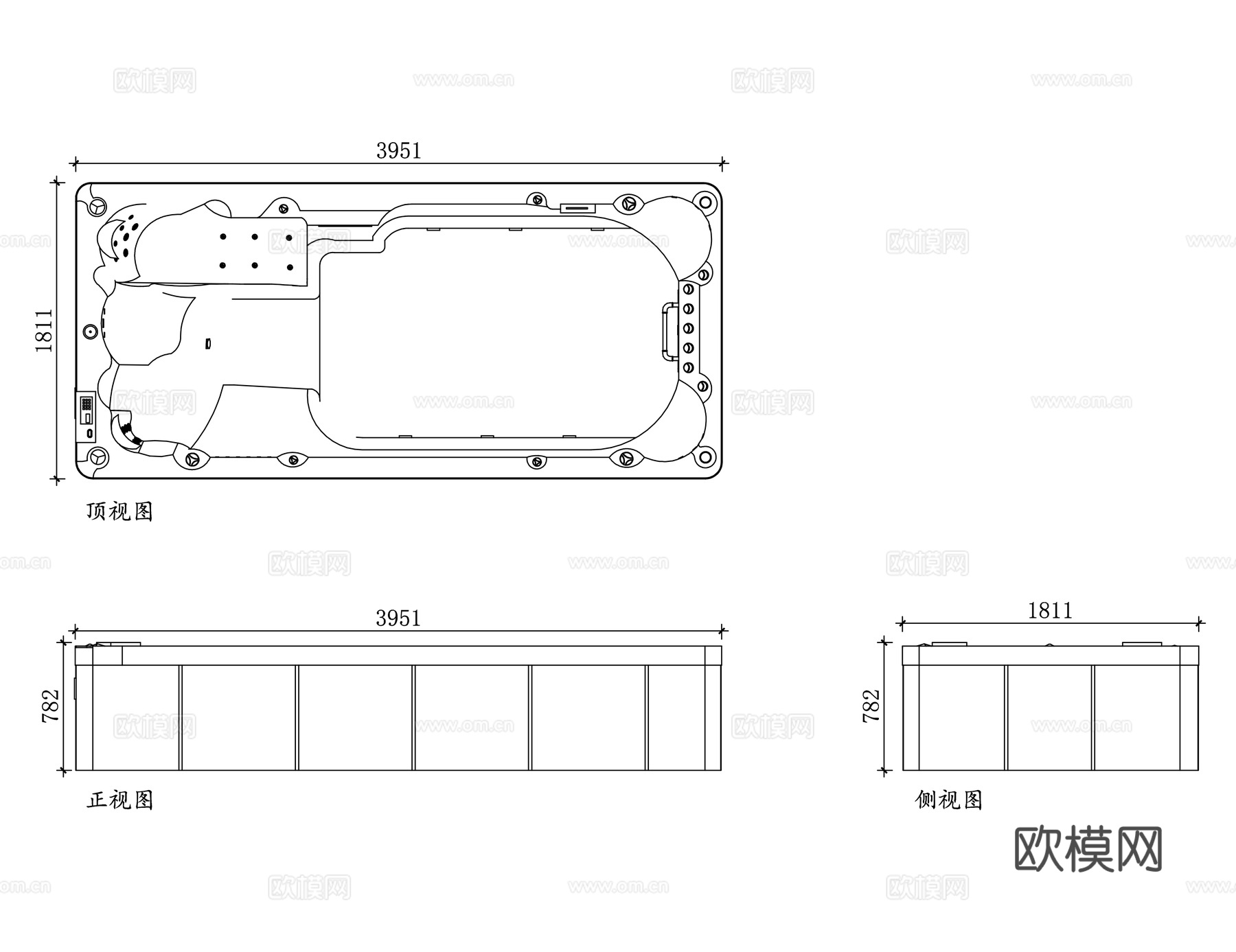 方形浴缸 长方形泡澡缸 矩形浴盆 长方形按摩浴缸 方形热水浴cad施工图