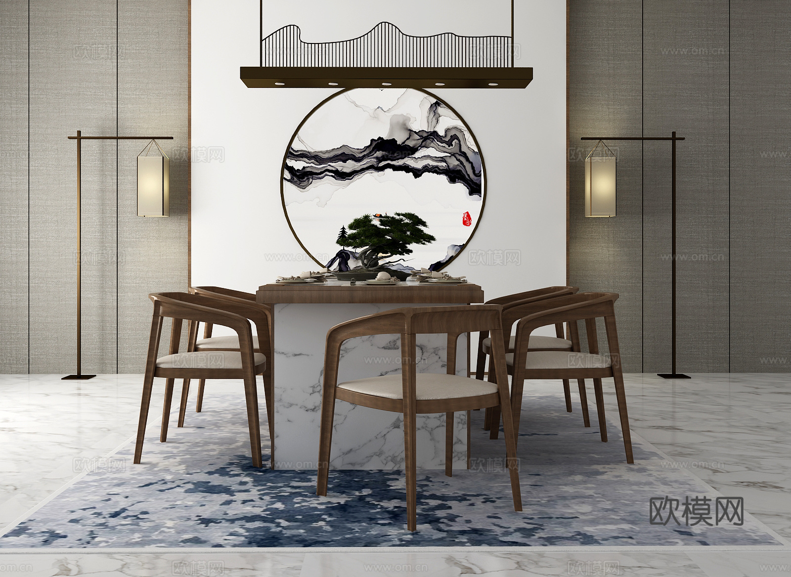 新中式餐桌椅灯具摆件组合3d模型下载（渲染图1）