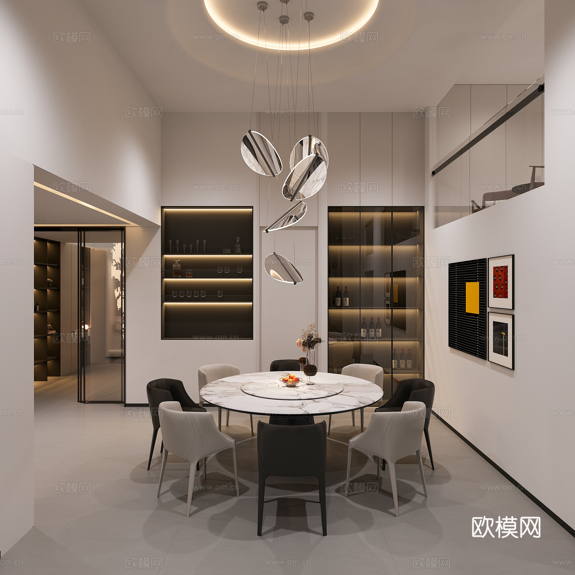 现代别墅圆桌餐厅su模型