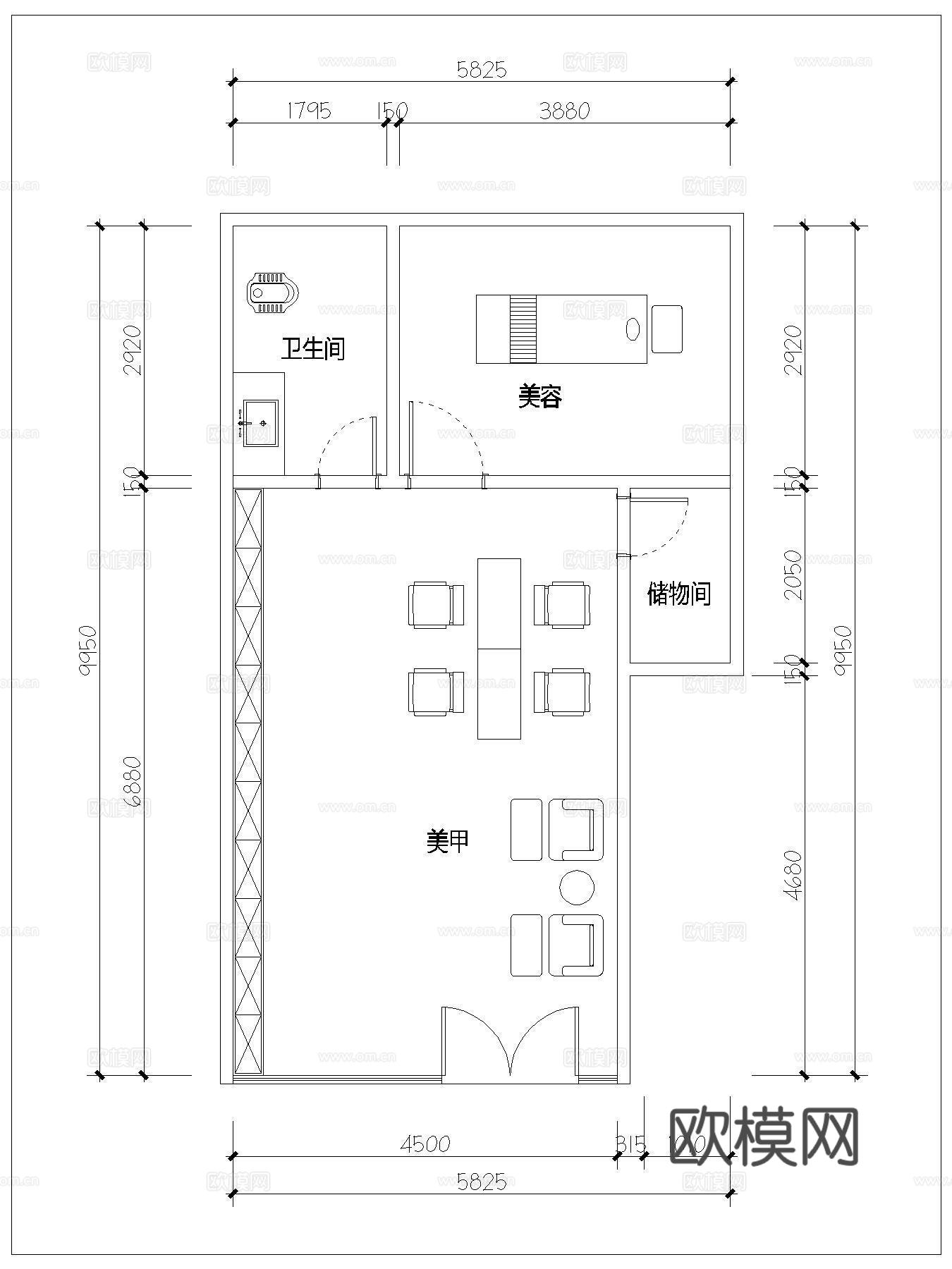 高档美甲美瞳 美容店  最新平面施工图设计cad施工图
