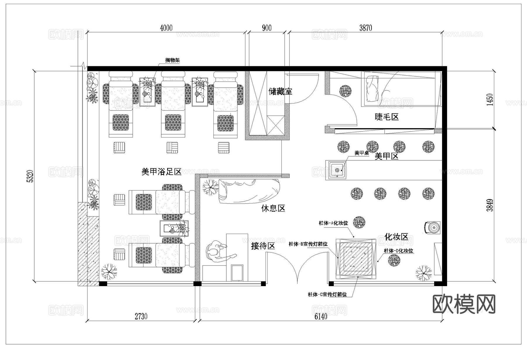 高档美甲美瞳 美容店  最新平面施工图设计cad施工图