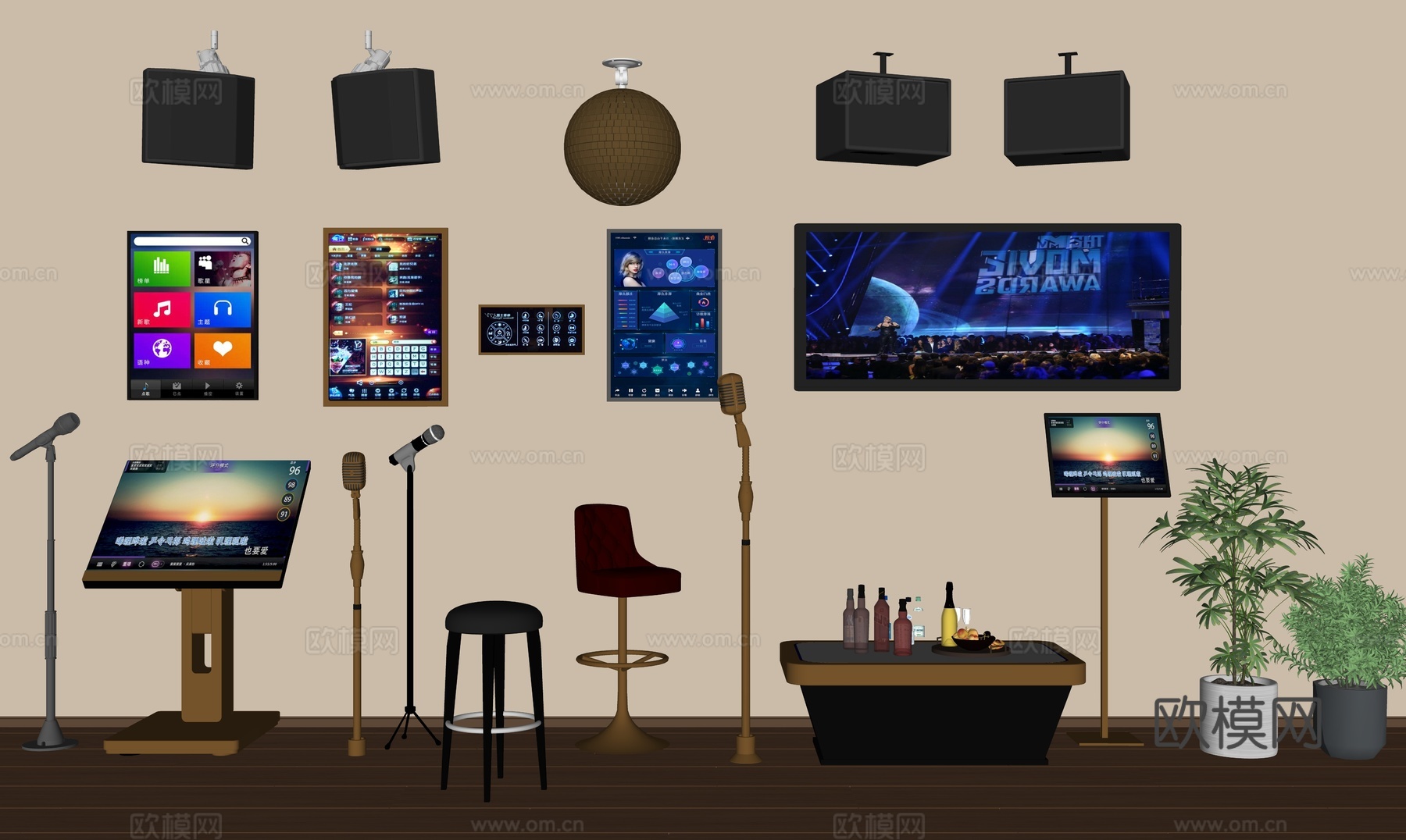 话筒_现代_球灯_点歌台_点歌屏幕_音响_球灯su模型