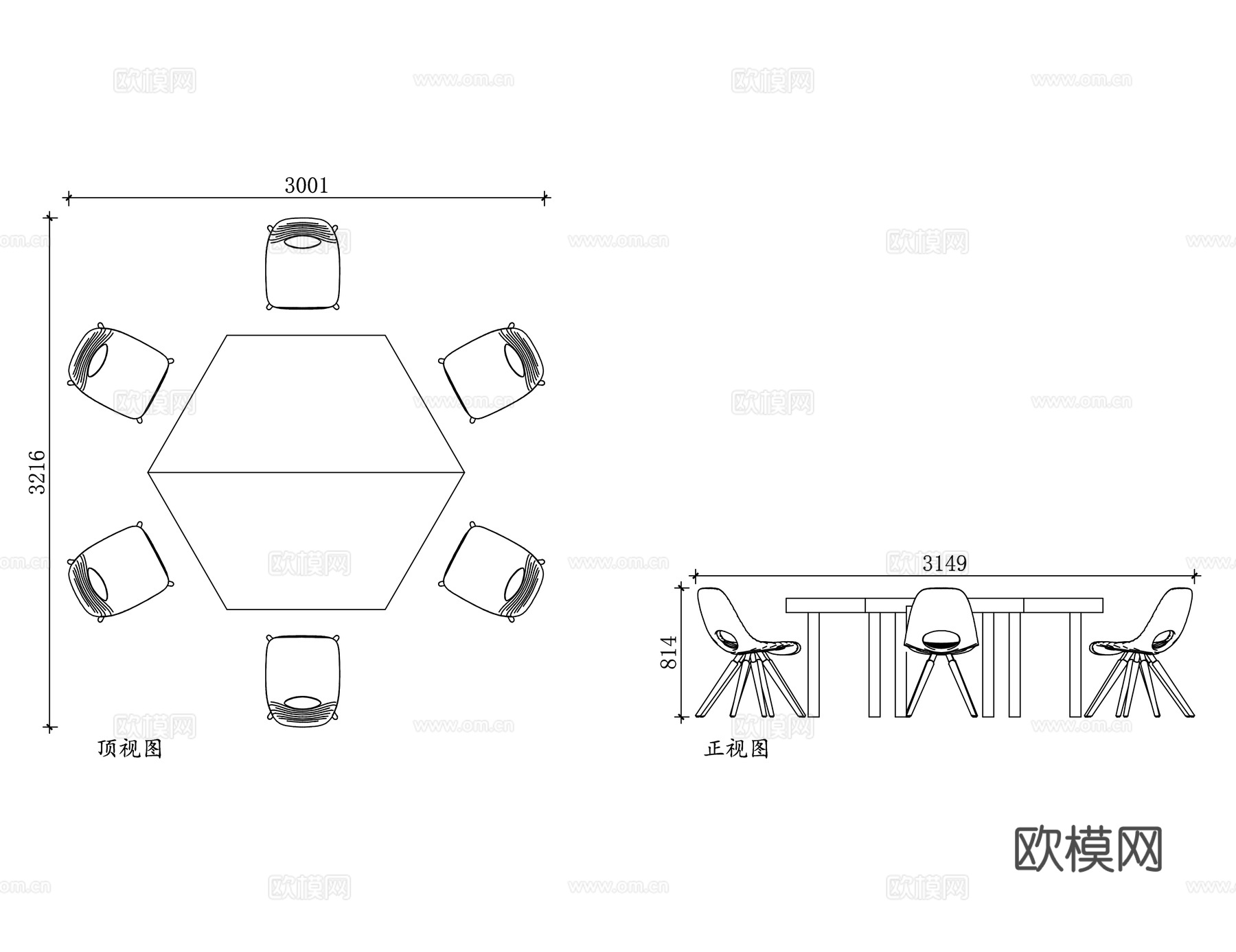 六角餐桌椅 六边形桌椅 六角形餐台椅 六边形餐桌 六角餐台椅cad施工图